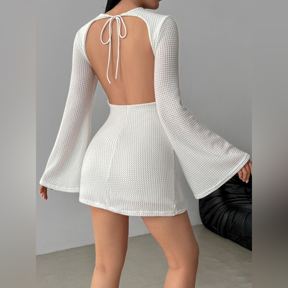 Backless Waffle Knit Flare Sleeve Mini Dress - Picture 2 of 11